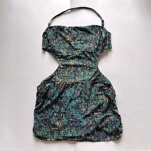 DEREK LAM Cutout Side Blue Printed Halter Swim Dress
